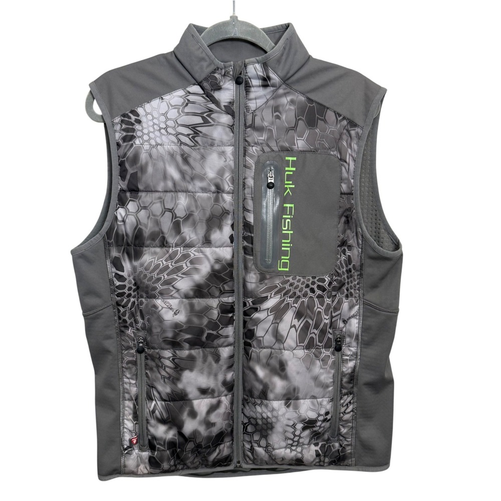 Huk Fishing Kryptek Camo Vest Mens Medium Gray Full Zip Quilted Softshell Puffer